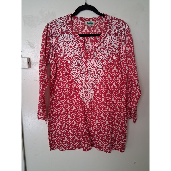 Dolma Tops - Dolma Womens Red White Block Print Embroidered Cotton Tunic Top Size S Boho